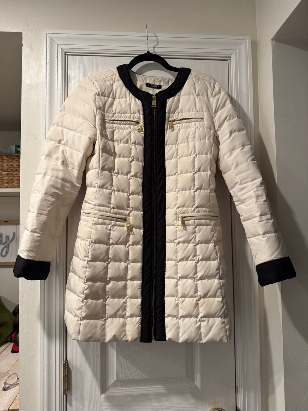 bebe Cream Quilted Long Puffer Jacket with Black Trim